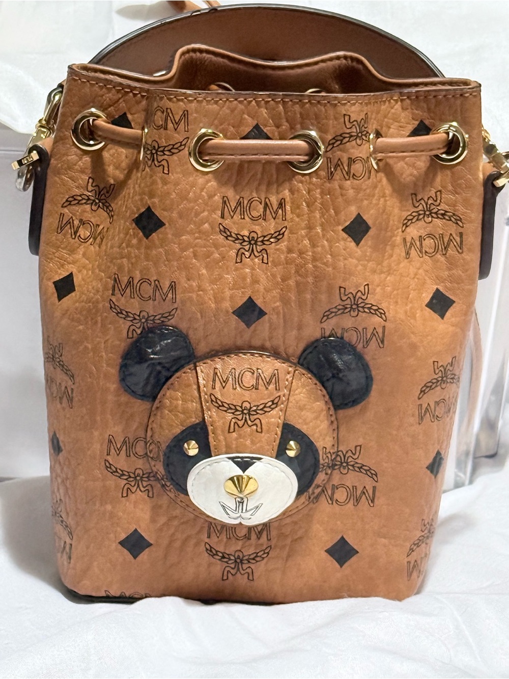 AUTHENTIC Preloved MCM Cognac Visetos Teddy Drawstring Bucket Bag